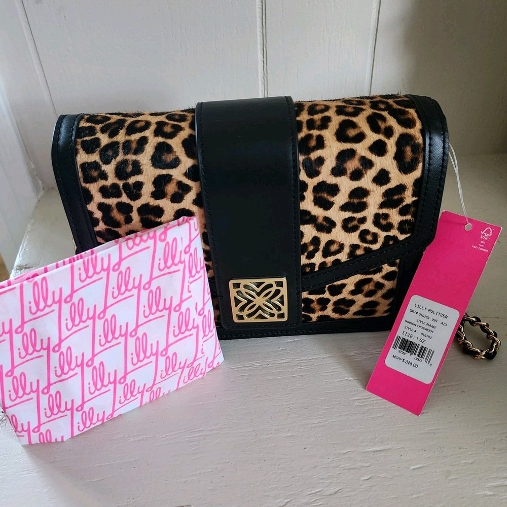 Lilly Pulitzer Handbag, NWT Dobson Crossbody Leopard/ Blk   with Gold Chain - Picture 4 of 16